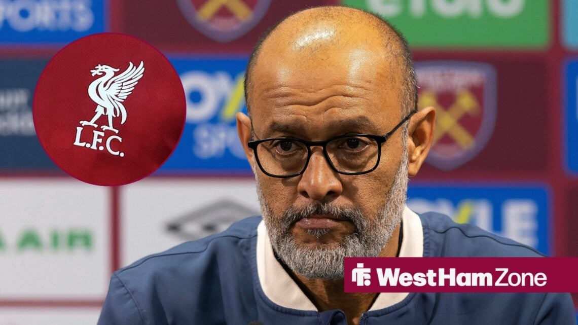 Nuno Espirto Santo looking at Liverpool badge in circle
