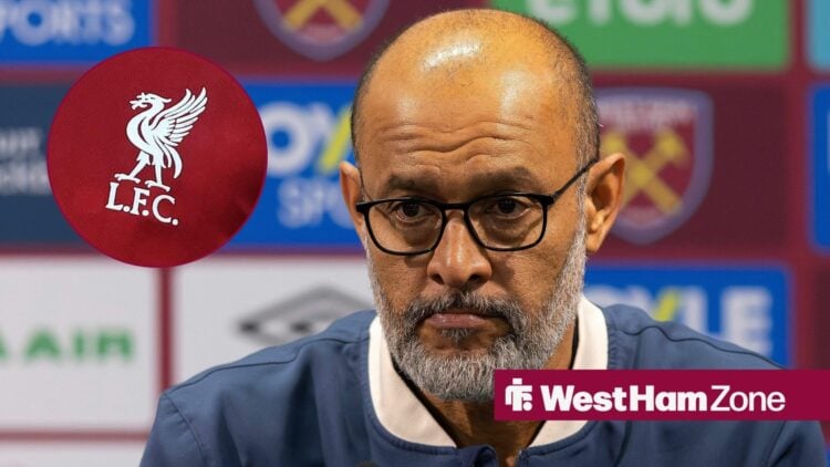 Nuno Espirto Santo looking at Liverpool badge in circle
