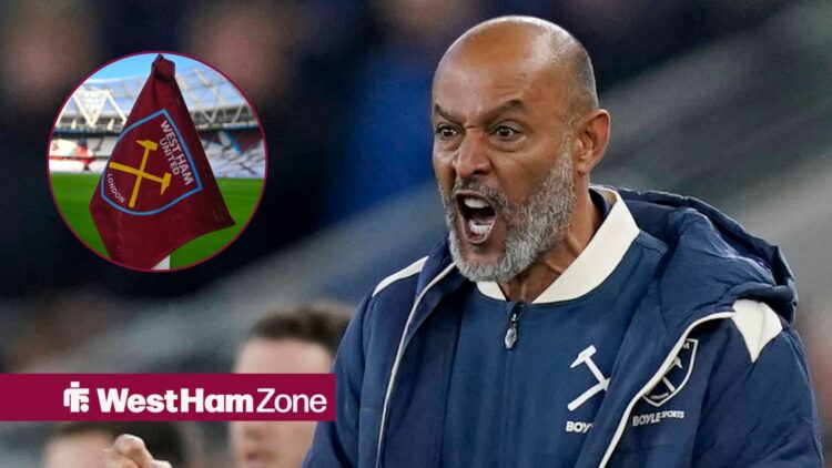 Nuno Espirito Santo shouts towards a circular frame of a West Ham United flag