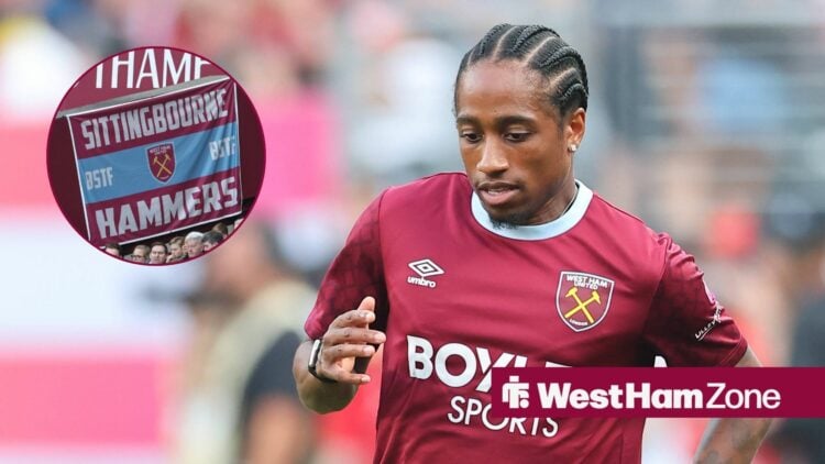 Kyle Walker-Peters looking down with West Ham banner in circle