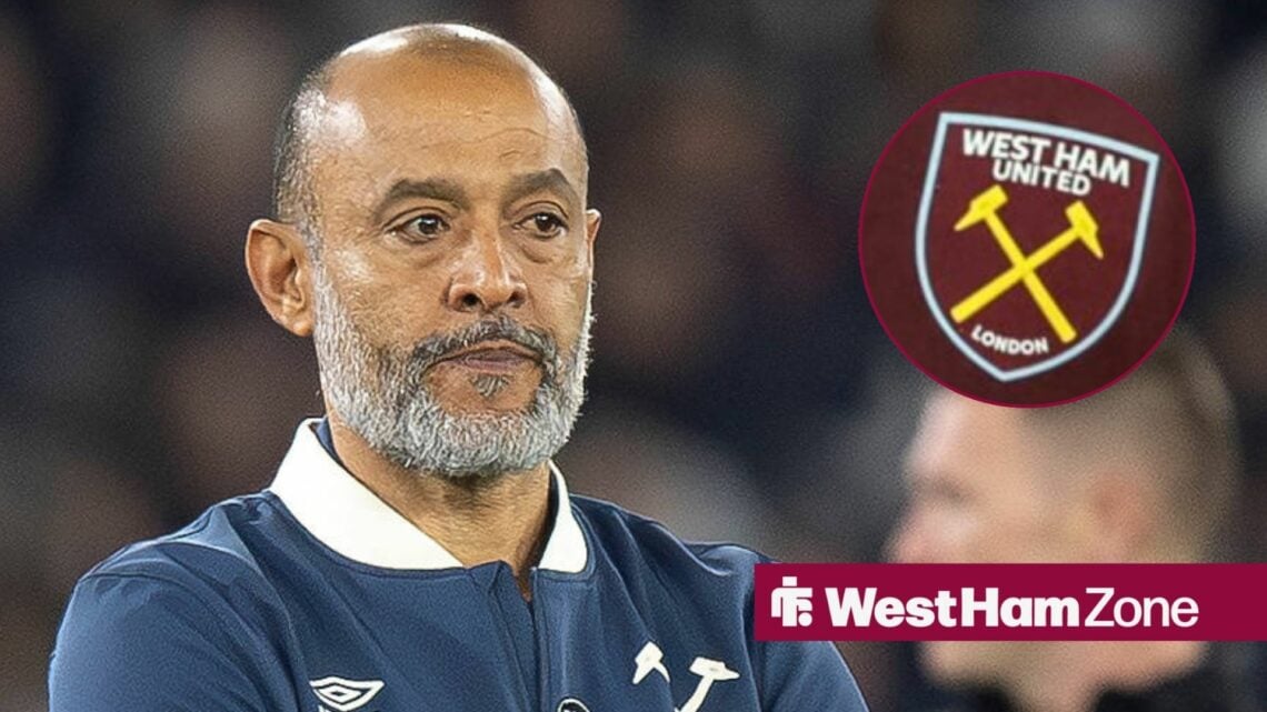Nuno Espirito Santo looking annoyed towards a West Ham badge in a circle inset