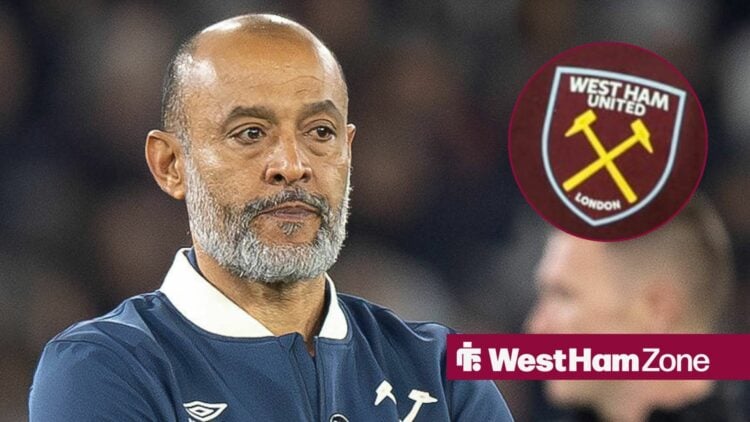 Nuno Espirito Santo looking annoyed towards a West Ham badge in a circle inset