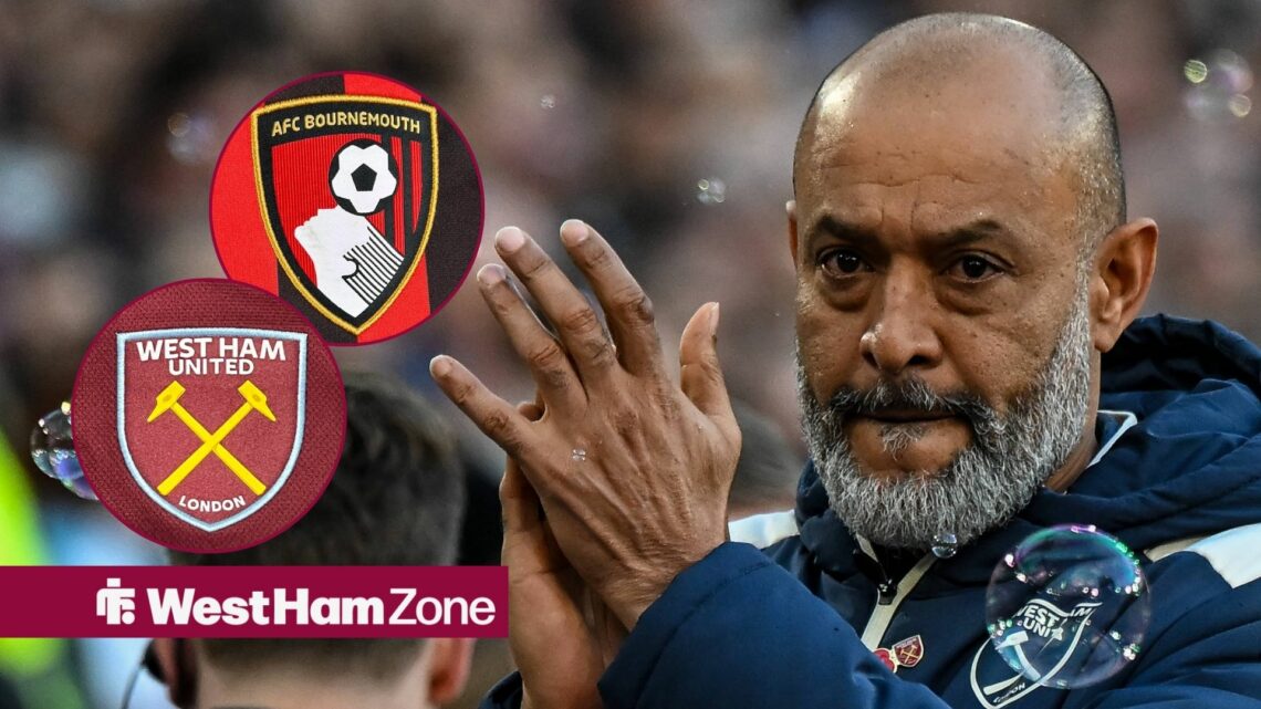 West Ham manager Nuno Espirito Santo claps with West Ham and Bournemouth badges inset