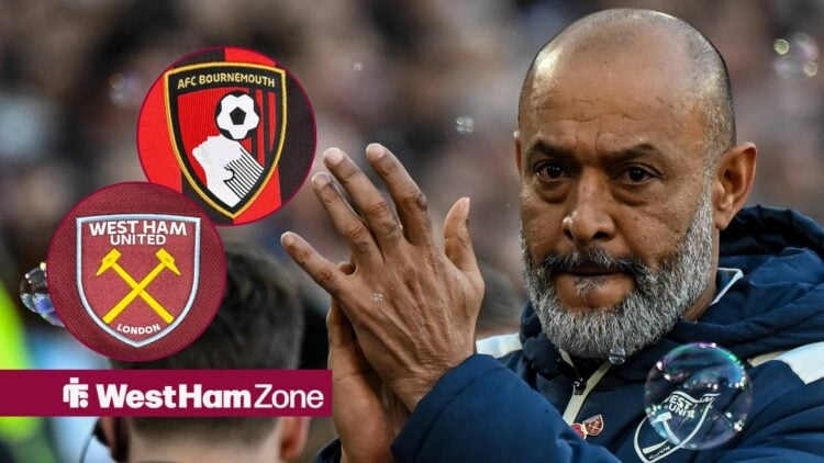 West Ham manager Nuno Espirito Santo claps with West Ham and Bournemouth badges inset