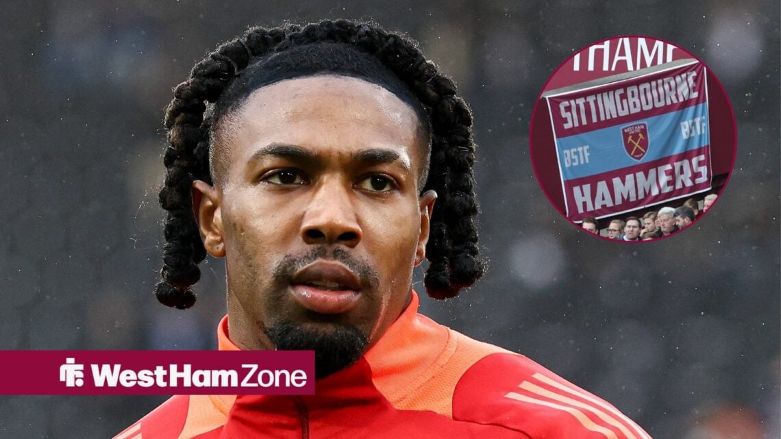 Adama Traore with West Ham banner in circle