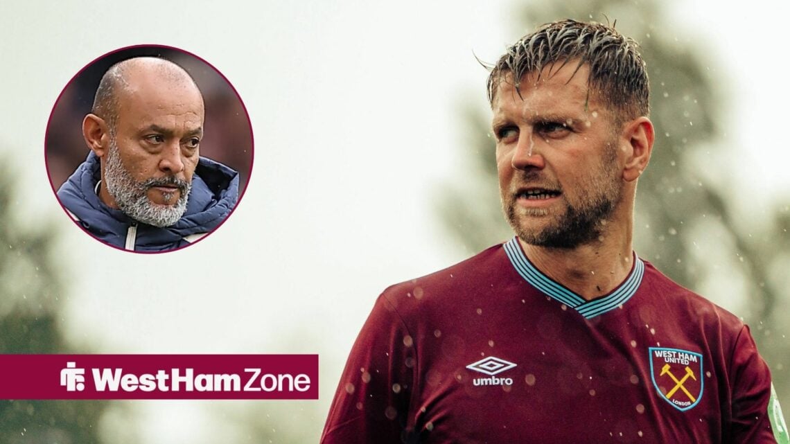 West Ham striker Niclas Fullkrug surrounded by rain with Nuno Espirito Santo inset