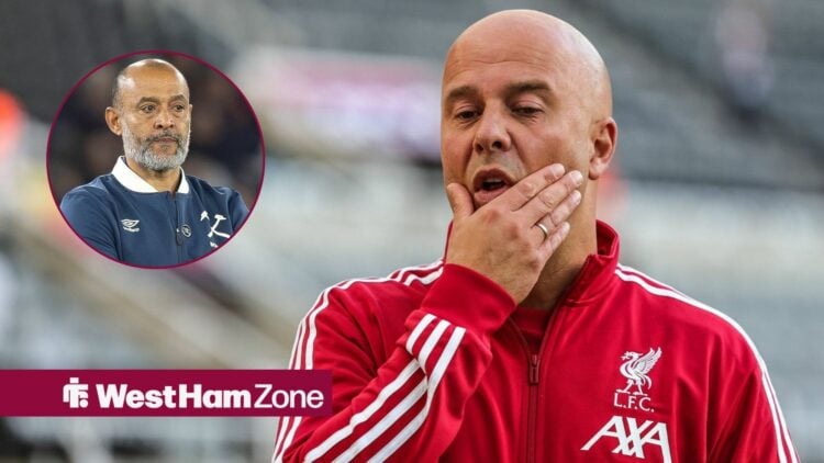 Arne Slot looks concerned, with a circular frame of Nuno Espirito Santo alongside him