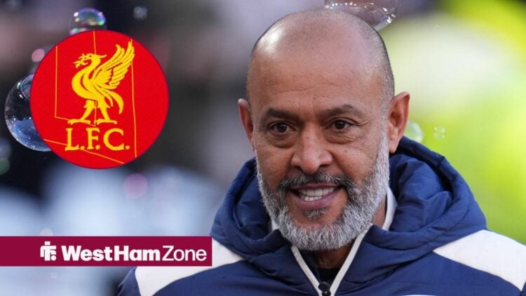 West Ham manager Nuno Espirito Santo with Liverpool badge inset