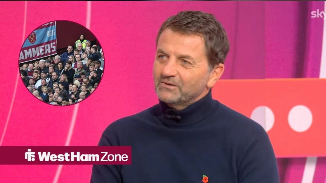 Tim Sherwood looks towards a circular frame of West Ham fans