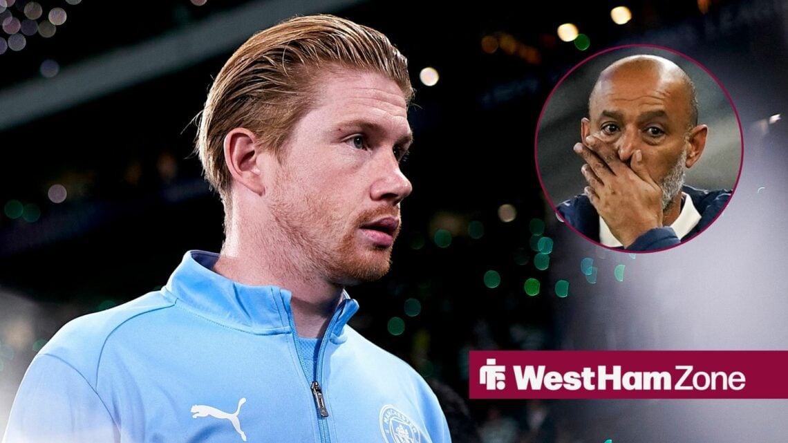 Napoli midfielder Kevin De Bruyne with West Ham manager Nuno Espirito Santo covers his mouth inset