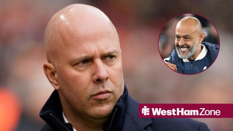 Arne Slot looking concerned, with Nuno Espirito Santo celebrating in a circular frame inset