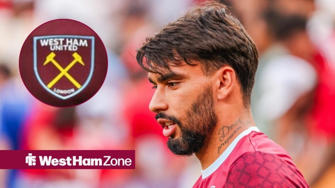 Lucas Paqueta looking at West Ham badge in circle