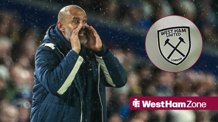 Nuno Espirito Santo shouting with West Ham badge in frame