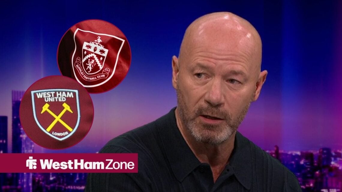 Alan Shearer looking at the Burnley and West Ham badges.