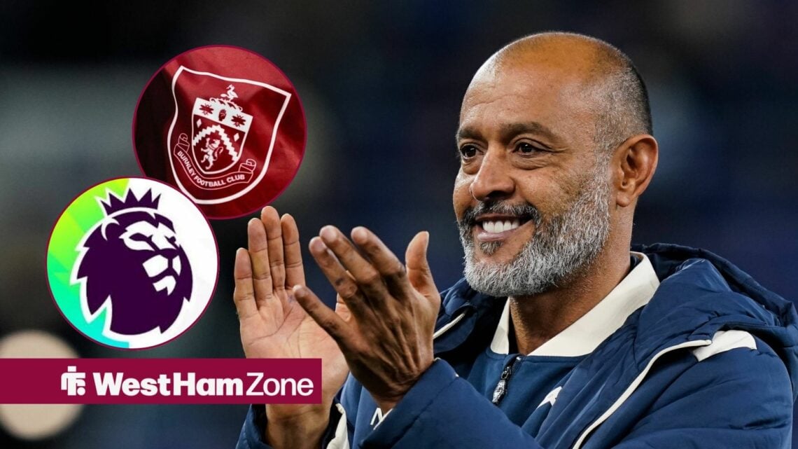 Nuno Espirito Santo smiling in West Ham gear at the Premier League logo and Burnley badge.