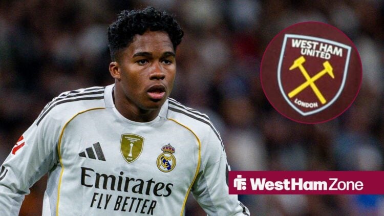 Endrick playing for Real Madrid looking towards a West Ham badge in a circle inset