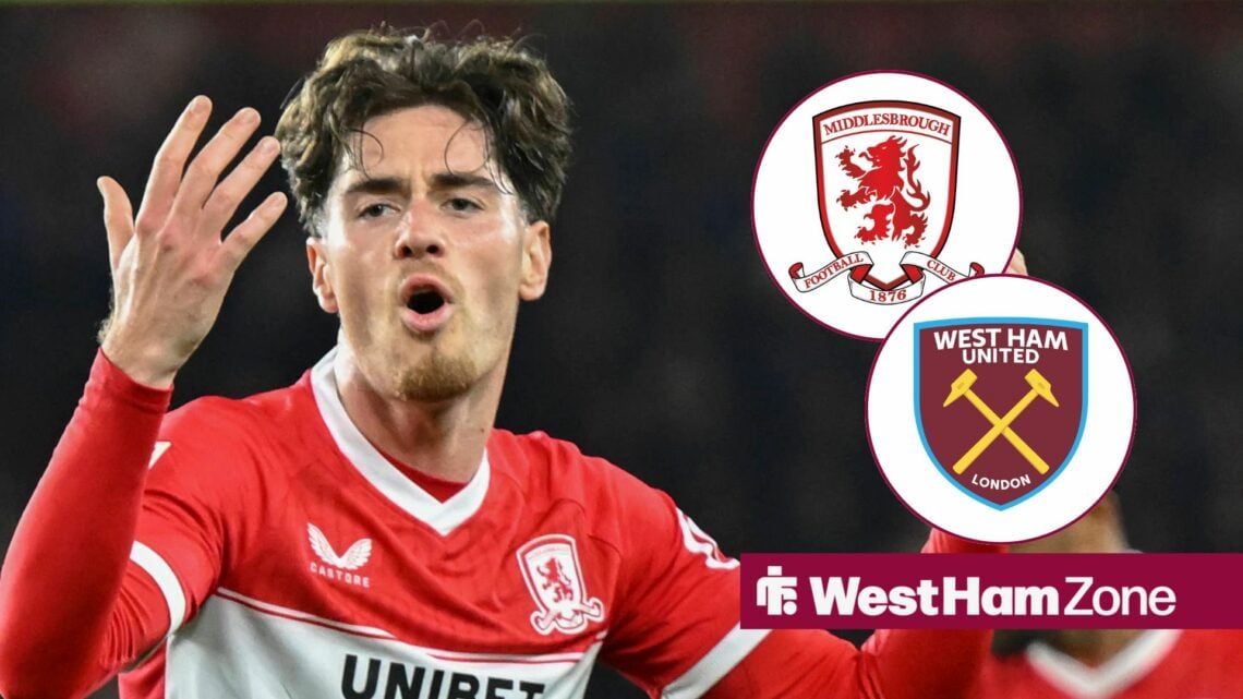 Hayden Hackney throwing his hands up alongside circle insets of the Middlesbrough badge and West Ham badge