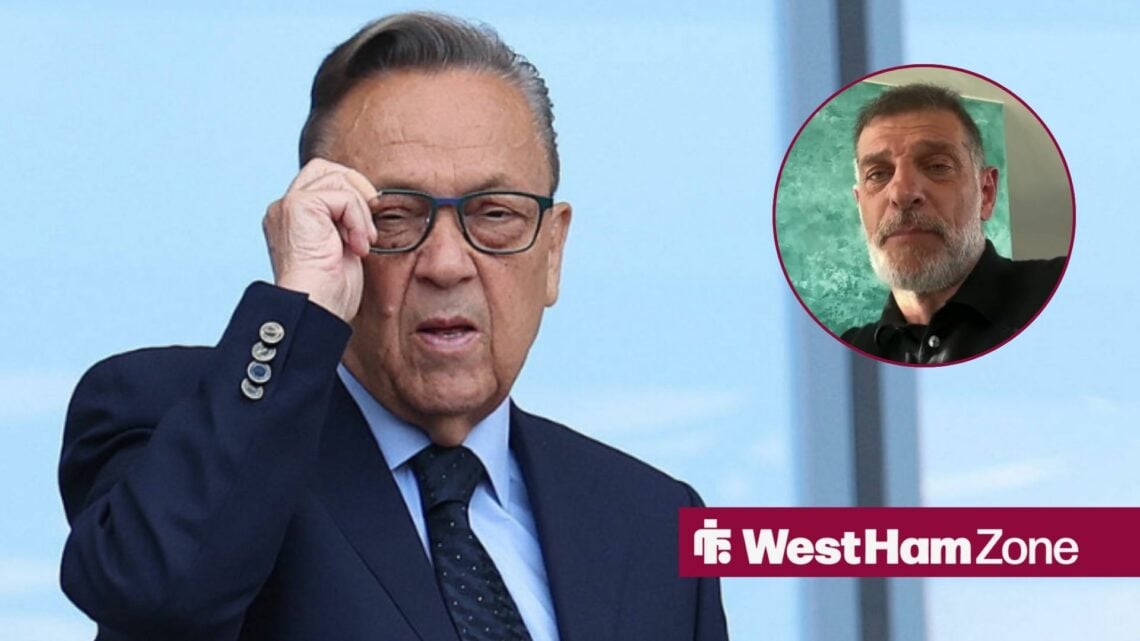 David Sullivan holding his glasses looking towards Slaven Bilic in a circle inset