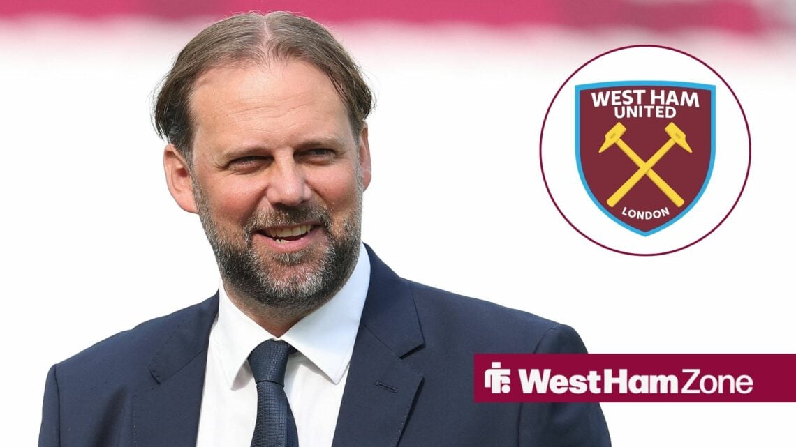Tim Steidten smiling looking towards the West Ham badge in a circle inset