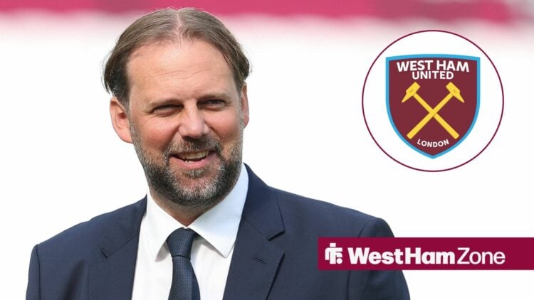 Tim Steidten smiling looking towards the West Ham badge in a circle inset