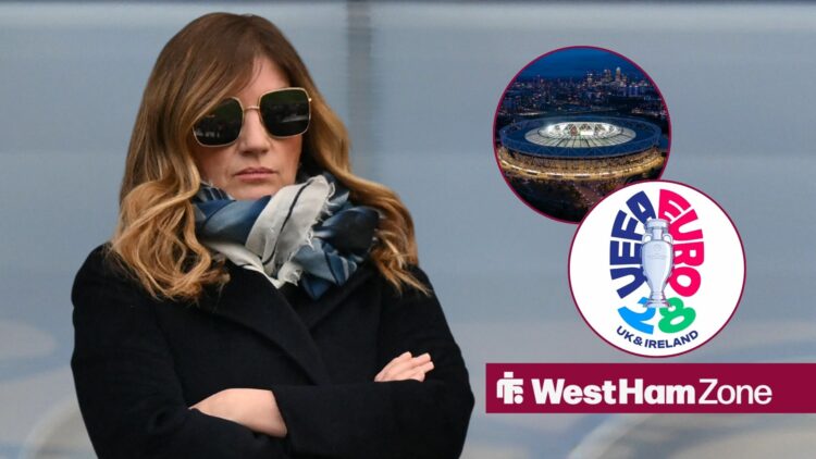 Karren Brady with her arms folded looking towards circle insets of the London Stadium and the EURO 2028 logo