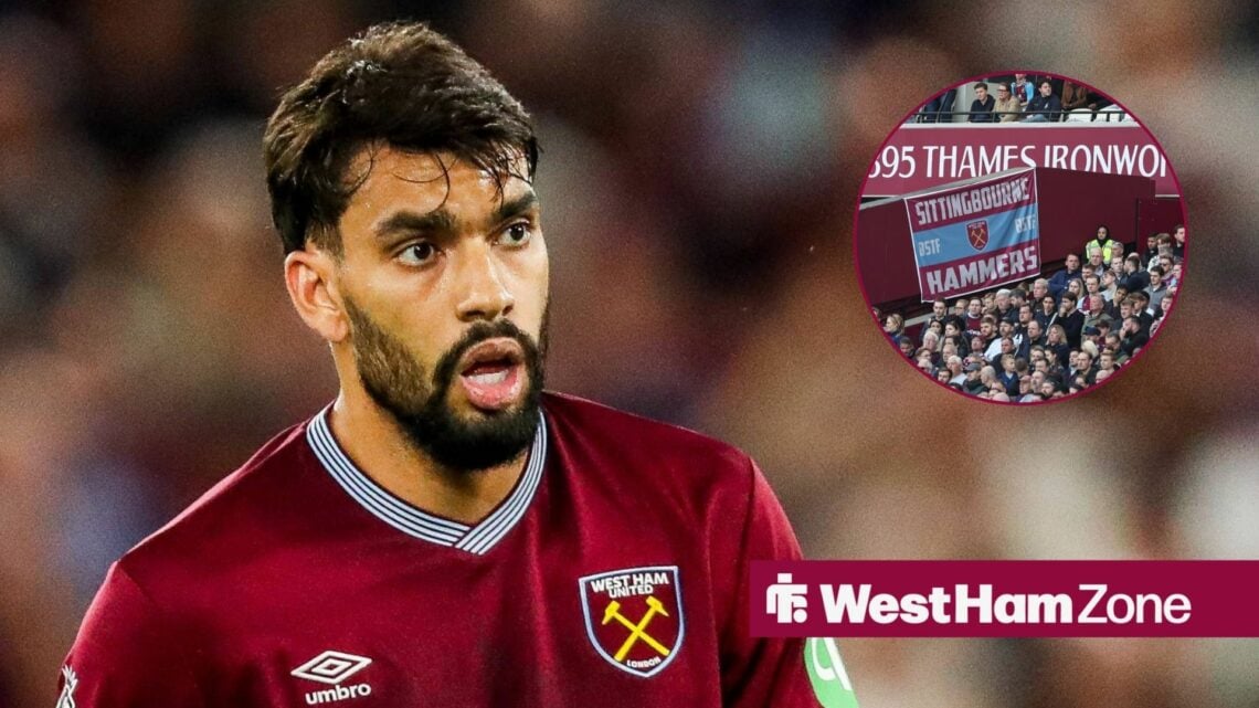 Lucas Paqueta looking concerned in the direction of West Ham fans.