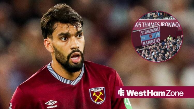 Lucas Paqueta looking concerned in the direction of West Ham fans.