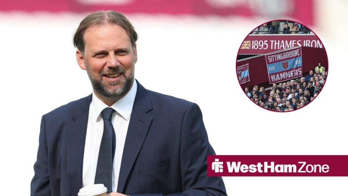 Tim Steidten alongside a circle inset of the West Ham fans.