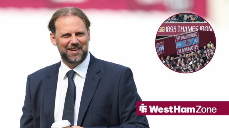 Tim Steidten alongside a circle inset of the West Ham fans.