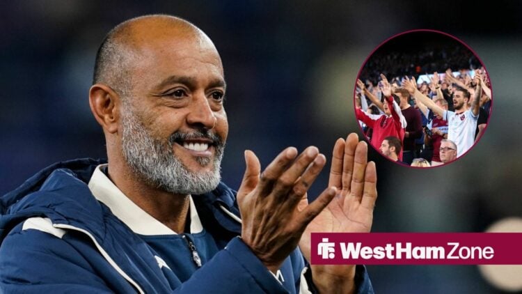 Nuno looking at West Ham supporters, smiling and clapping.