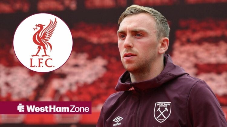 Jarrod Bowen looking at the Liverpool badge.