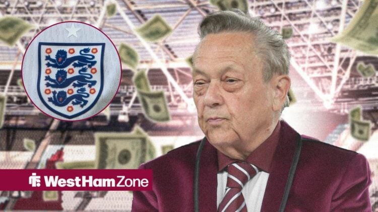 David Sullivan looking at the England badge, surrounded by money.