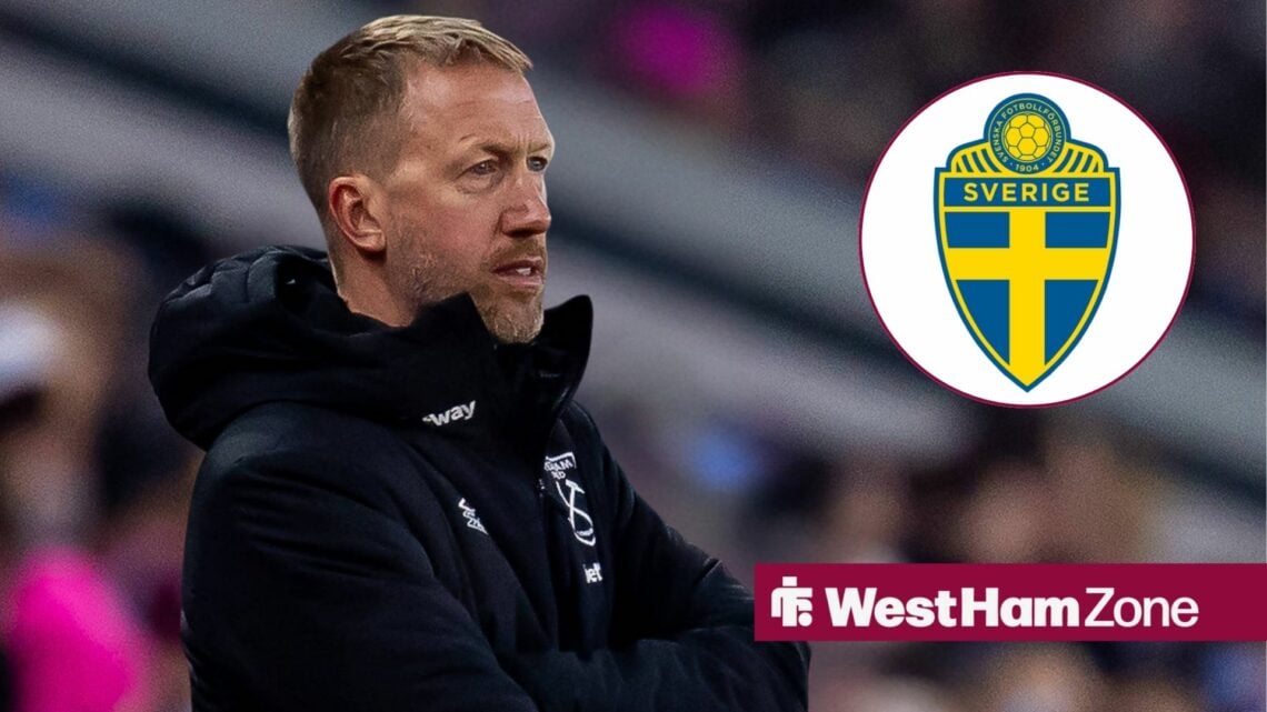 Graham Potter standing cross armed in his time as West Ham manager looking towards a circle inset of the Sweden badge