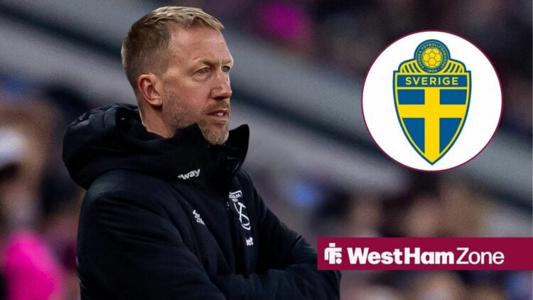Graham Potter standing cross armed in his time as West Ham manager looking towards a circle inset of the Sweden badge
