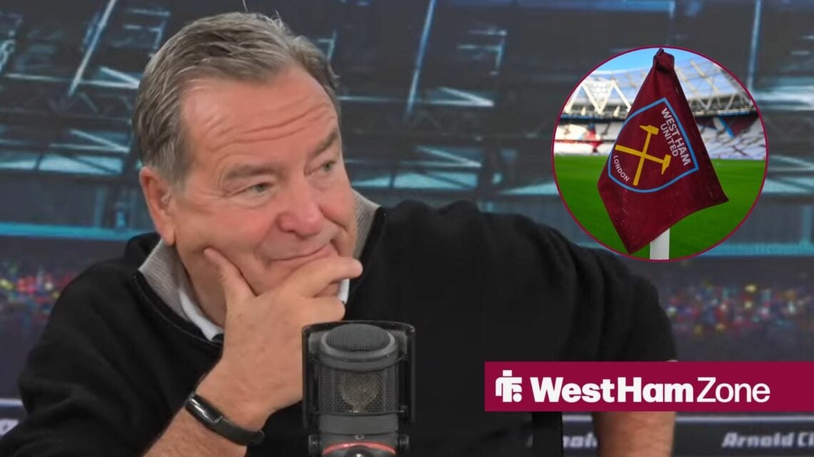 Jeff Stelling looking confused towards a West Ham flag in a circle inset