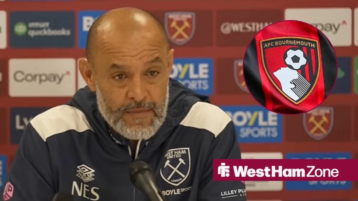 Nuno Espirito Santo speaking in a West Ham press conference looking towards a Bournemouth badge in a circle inset