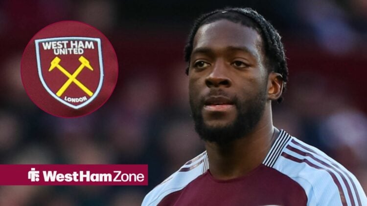 Axel Disasi playing for Aston Villa looking towards a West Ham badge in a circle inset