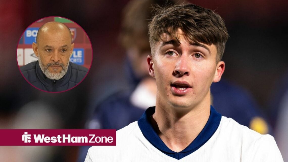 George Earthy playing for England looking towards a circle inset of Nuno Espirito Santo speaking in a West Ham press conference