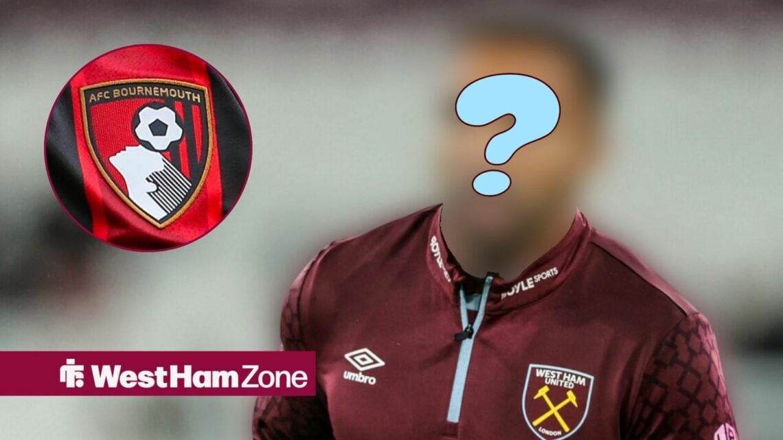 Callum Wilson in training for West Ham for his face blurred looking towards a circle inset of the Bournemouth badge