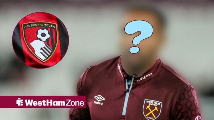 Callum Wilson in training for West Ham for his face blurred looking towards a circle inset of the Bournemouth badge