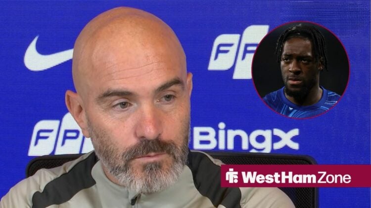 Enzo Maresca speaking in a Chelsea press conference looking towards Axel Disasi in a circle inset