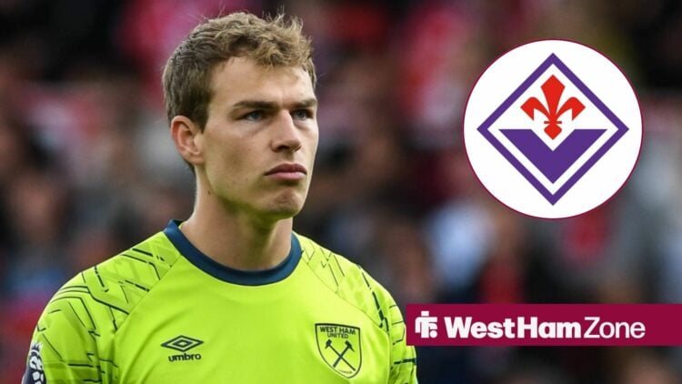 Mads Hermansen playing for West Ham looking towards a circle inset of the Fiorentina badge