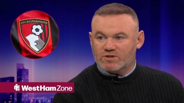 Wayne Rooney speaking on Match of the Day looking towards a circle inset of the Bournemouth badge