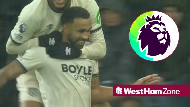 Callum Wilson celebrating for West Ham vs Bournemouth alongside a circle inset of the Premier League logo