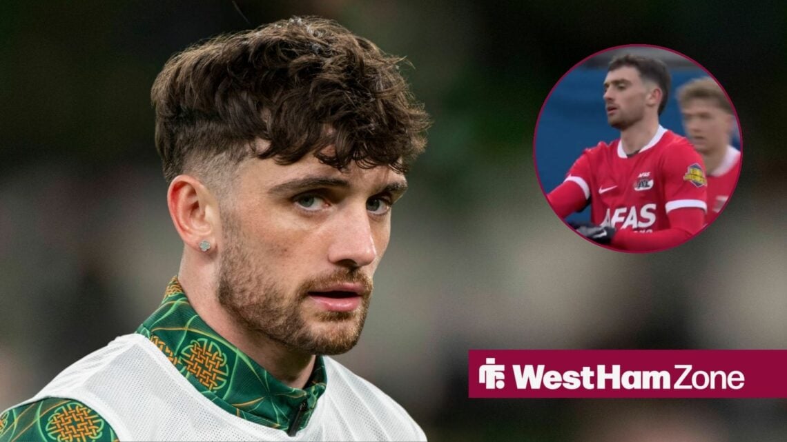 Troy Parrott warming up for Ireland looking towards a circle inset of Troy Parrott celebrating for AZ Alkmaar