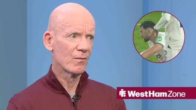 Dermot Gallagher speaking on Sky Sports News looking towards a circle inset of Max Kilman playing against Bournemouth