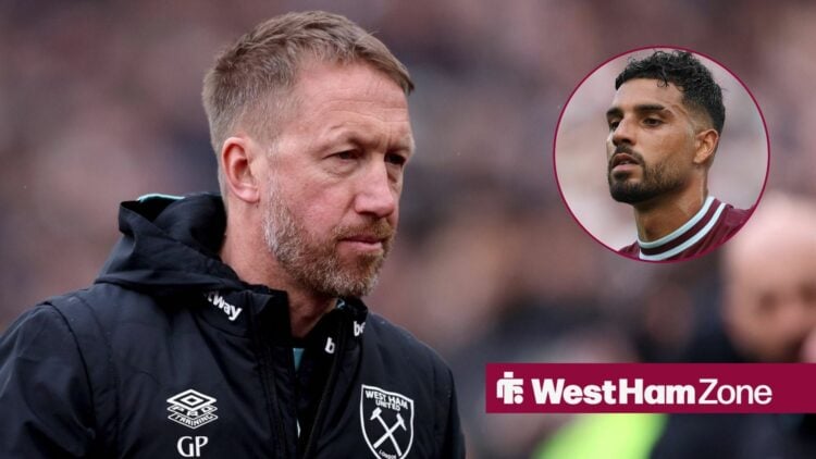 Graham Potter and Emerson Palmieri looking at one another with a serious expression.