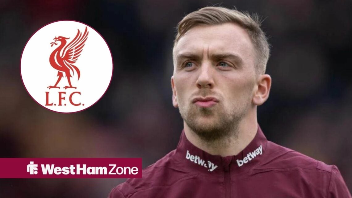 Jarrod Bowen looking at the Liverpool badge.