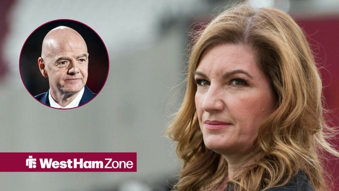 Karren Brady alongside a circle inset of Gianni Infantino.