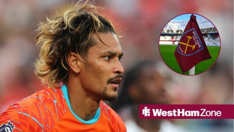 Alphonse Areola alongside a circle inset of the West Ham corner flag.